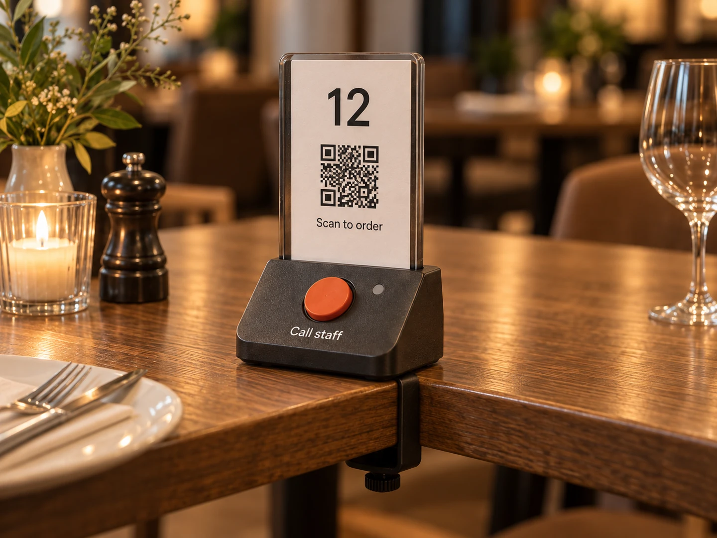 AI-generated concept of a charcoal QR card holder and orange call button clamped to a restaurant table edge.