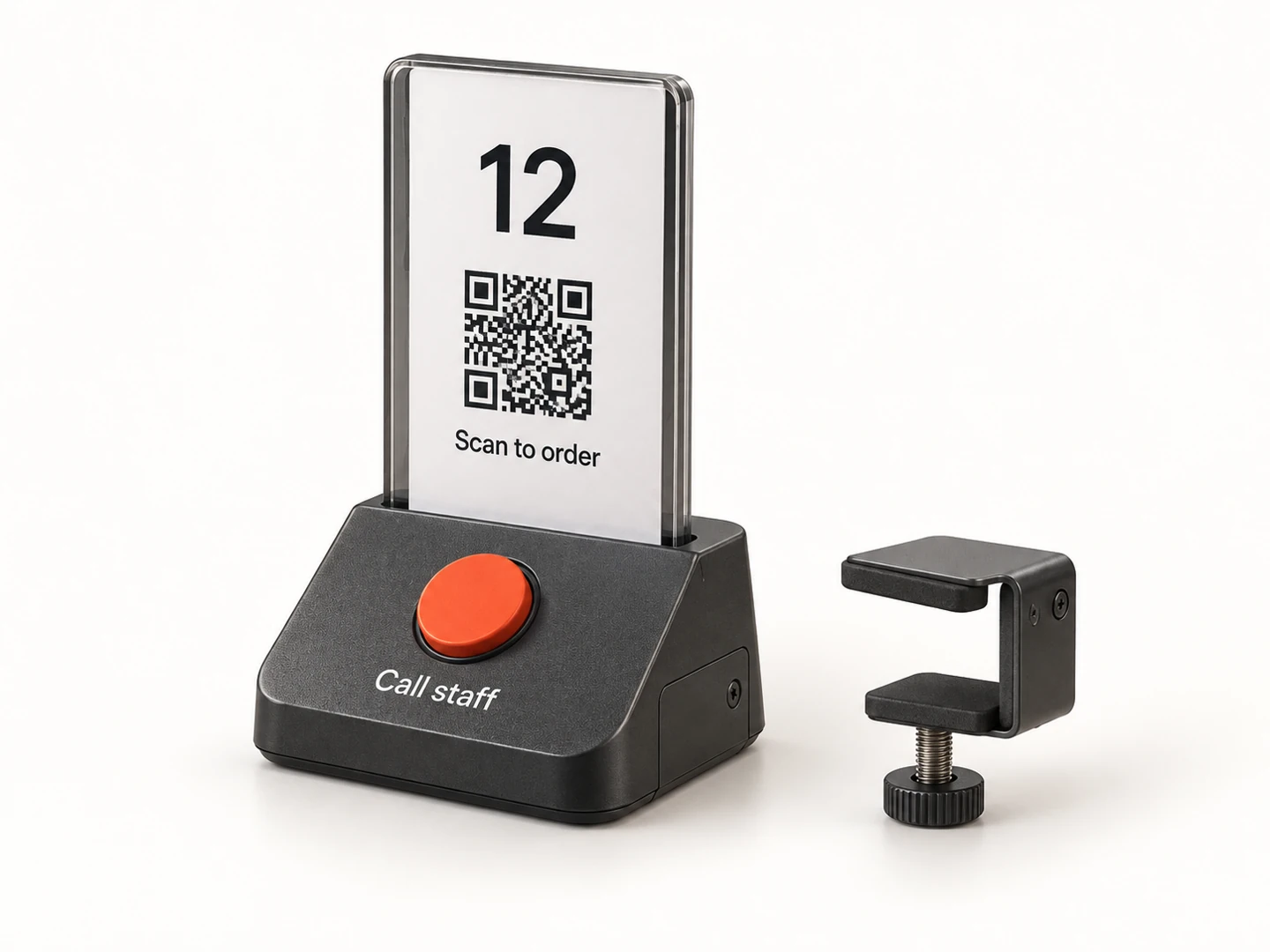 AI-generated studio concept showing the removable QR card, call button and clamp of the proposed table unit.